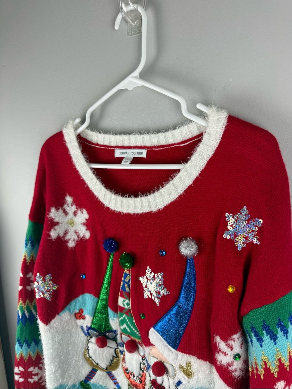 Celebrate Together Women’s Christmas Sweater SZ L Festive Embellished Gnomes